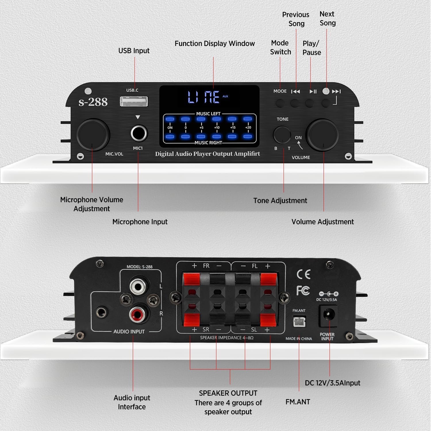 okanemoqi Aluminum 4.1 CH Stereo Amplifier, Bluetooth 5.0 Receiver, 600 W Amplifier Home Audio, HiFi Amp 45Wx4 with Microphone/USB for Home Theater with Remote Control and Power Adapter - Image 6