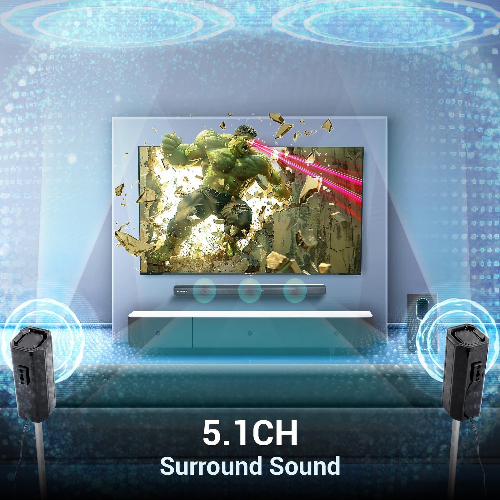 ZEBRONICS Juke BAR 7600 Soundbar, 300 Watts, 5.1 Surround, Dual Rear Satellites, Triple Driver Soundbar, 6.5"" Subwoofer, Bluetooth 5.0 | HDMI (ARC) | Optical | USB | AUX - Image 5