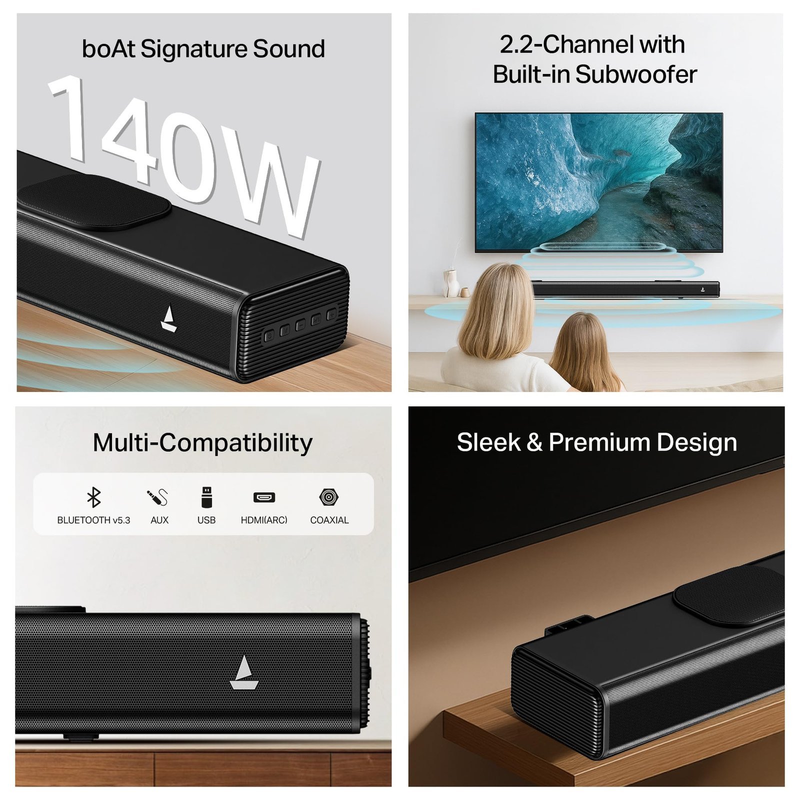 boAt (2025 Launch Aavante 2.2 1400, 140W Signature Sound Built-in Subwoofer, 2.2CH, Multiple Ports, EQ Modes, Remote Control, Bluetooth Sound bar, Home Theatre Soundbar Speaker (Premium Black) - Image 7