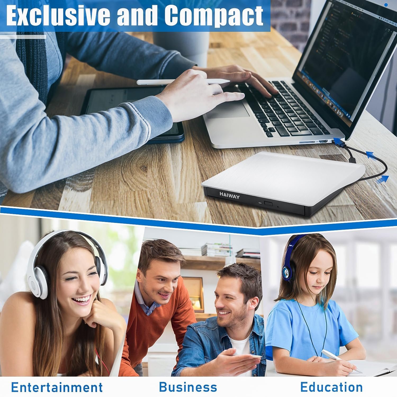 Haiway External DVD Drive, USB 3.0 Type-C CD Burner Portable CD DVD +/-RW Optical Drive Slim CD DVD ROM Rewriter CD/DVD Player Writer Reader for Laptop Desktop MacBook PC Windows Linux Mac OS (White) - Image 2