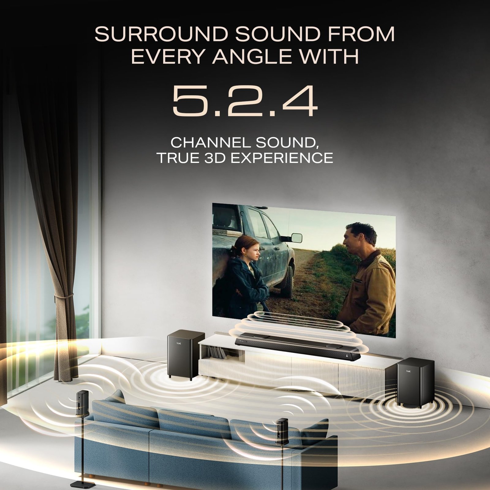 boAt Aavante 5.2.4 Prime 6250DA (2025 Launch), Dolby Atmos, 625W, 5.2.4CH(Dual Subwoofers & Wireless Satellites),Multi Connectivity, Bluetooth Sound bar, Home Theatre Soundbar Speaker (Premium Black) - Image 7