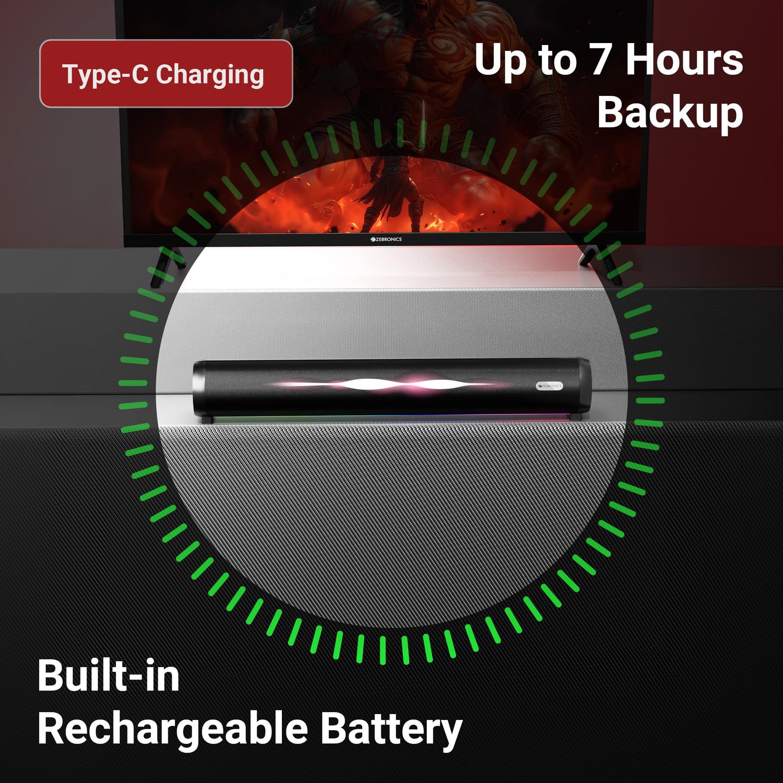 Zebronics Wireless Bluetooth Soundbar, 42 Watts, Upto 7h Playback, Dual 57mm Drivers, Dual Passive Radiators, TWS, Call Function, Type-C Charging, USB, AUX (Vita Bar 301) - Image 6