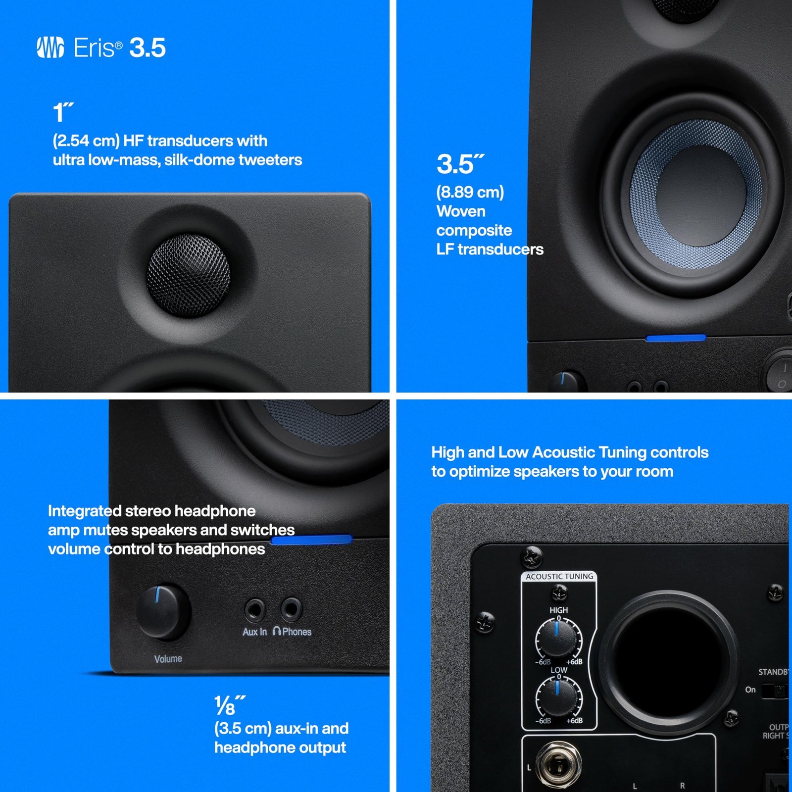 PreSonus Eris 3.5 2nd Gen HD Professional Studio Monitors with 3.5" Woven Composite Woofer, 1" Silk-Dome Tweeter, 50W Class AB Power and Tuning Controls (Auxillary) - Pair (Black) - Image 6