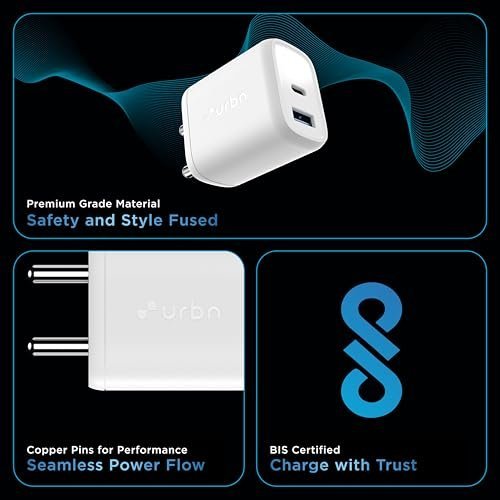 URBN 25W Dual USB Type-C Travel Adaptor with GaN Technology for Google Pixel, Xiaomi, Motorola, iPhone, Samsung Galaxy Tab S/A Series, Galaxy S10/M54/M55/A80/A90/S25/S24 (White) - Image 2