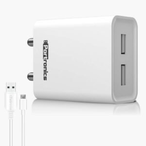Portronics Adapto 66 2.4A 12w Dual USB Port 5V/2.4A Wall Charger,Comes with 1M Micro USB Cable, USB Wall Charger Adapter for iPhone 11/Xs/XS Max/XR/X/8/7/6/Plus(White)