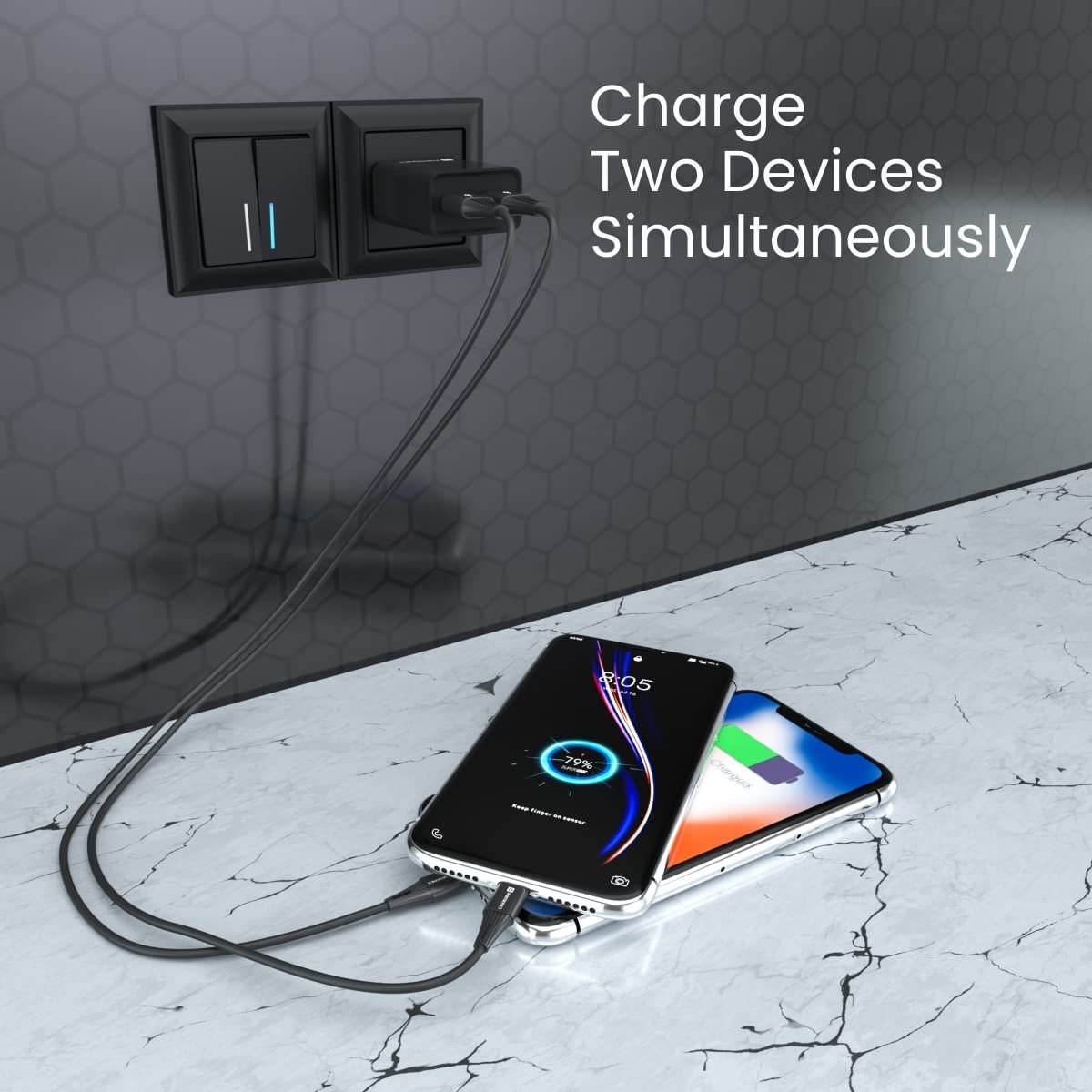 Portronics Adapto 66 2.4A 12w Dual USB Port 5V/2.4A Wall Charger,Comes with 1M Micro USB Cable, USB Wall Charger Adapter for Smartphone (Black) - Image 4