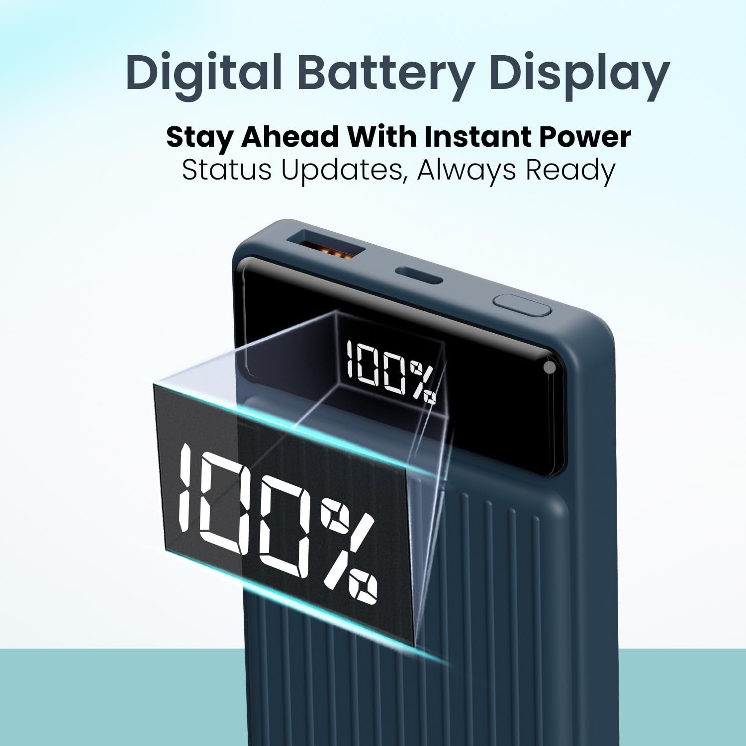 Portronics Luxcell B 10K 10000 mAh 22.5W Fast Charging Power Bank, Ultra Slim Power Bank with Mach USB-A Output, Type C PD Output, Type C Input, Wake Up Button(Dark Blue) - Image 2