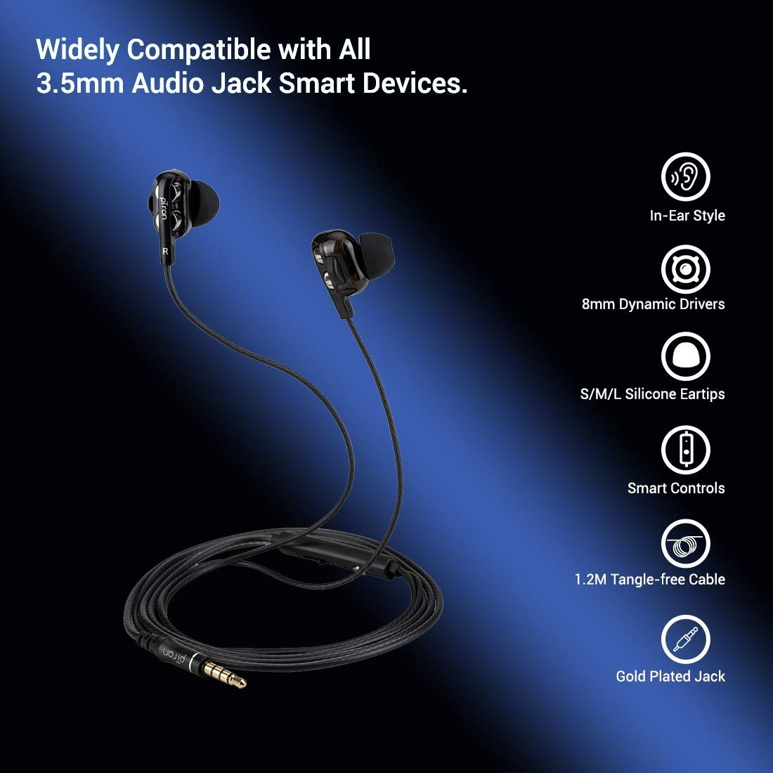PTron Boom Ultima V2 Dual Driver, in Ear Gaming Wired Earphones with Mic, Volume Control, Passive Noise Cancelling Boom 3 with 3.5mm Audio Jack & 1.2M Tangle-Free Cable (Black) - Image 2