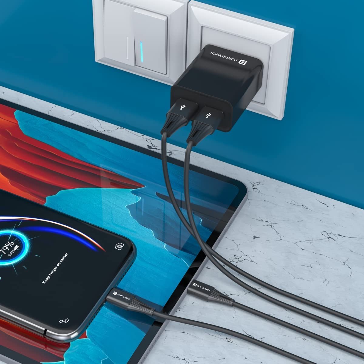 Portronics Adapto 66 2.4A 12w Dual USB Port 5V/2.4A Wall Charger,Comes with 1M Micro USB Cable, USB Wall Charger Adapter for Smartphone (Black) - Image 5