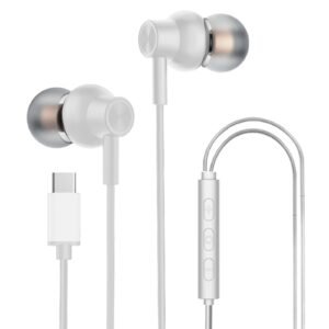 Kratos Tune V6 C Type Earphones Wired, 13mm Bass Drivers Earphone, Inline Control Type c Headphones with Mic, Comfort Fit Type c Earphone with Volume Control,Metallic C pin Earphones (White)