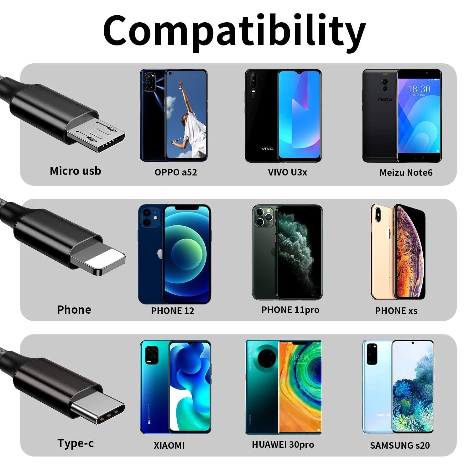 BESTOR® 3-in-1 Multi Charging Cable – Nylon Braided Fast Charging Cable for Android, iOS, Type-C Devices – Compatible with Smartphones & Tablets (Black) - Image 3