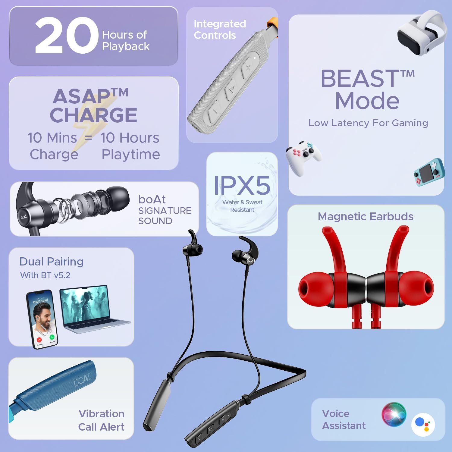 Boat Rockerz 238 Pro, 20H Battery, ENx, Beast Mode, Vibration Alert, ASAP Charge, Dual Pairing, Bluetooth Neckband, Wireless with Mic Earphones (Active Black) - Image 8