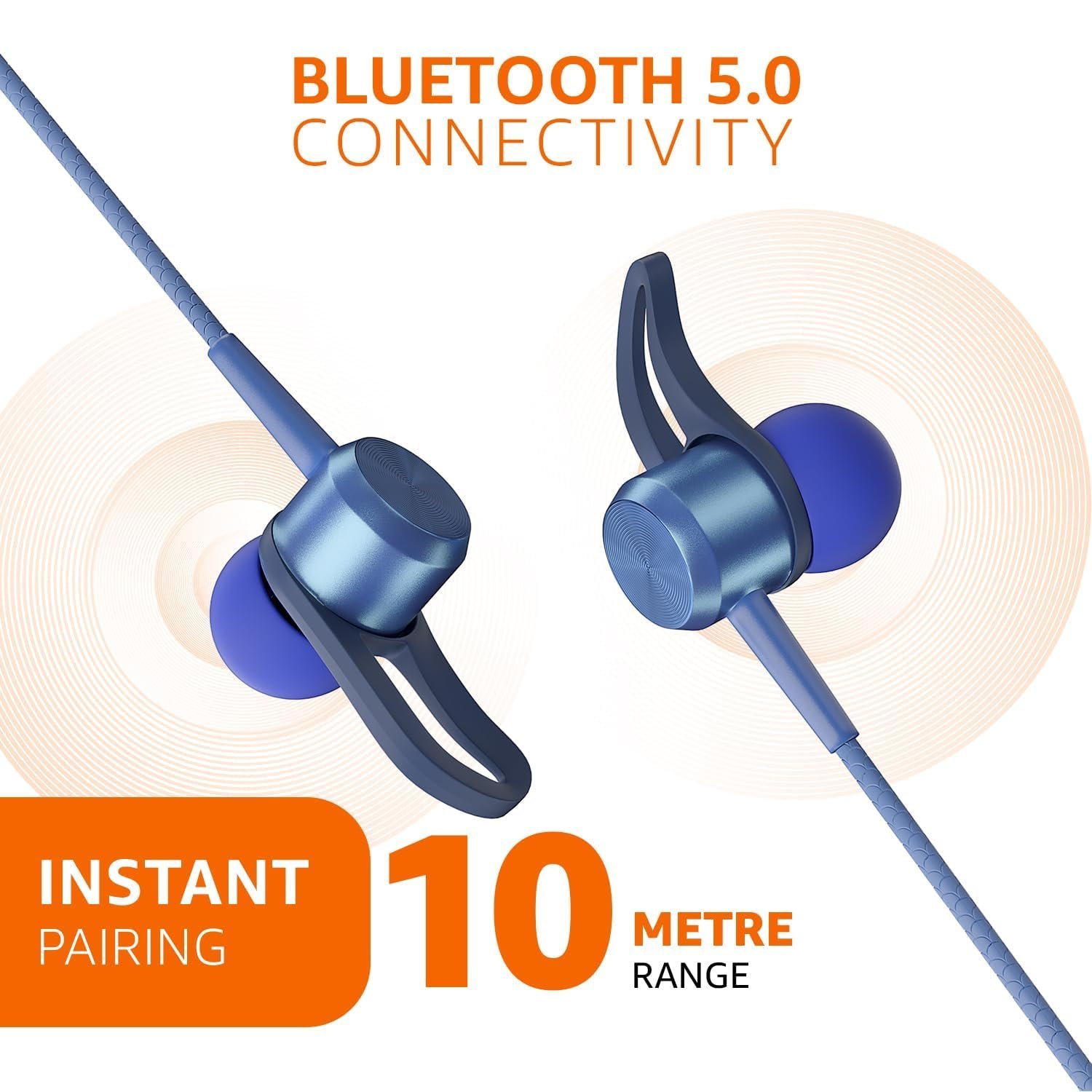 amazon basics in-Ear Wireless Neckband with Mic, Up to 65 Hours Play Time, 800 mAh Battery, Bluetooth 5.0, Voice Assistance, Noise Cancellation, IPX4 Water-Resistance, Magnetic Earbuds (Blue) - Image 6