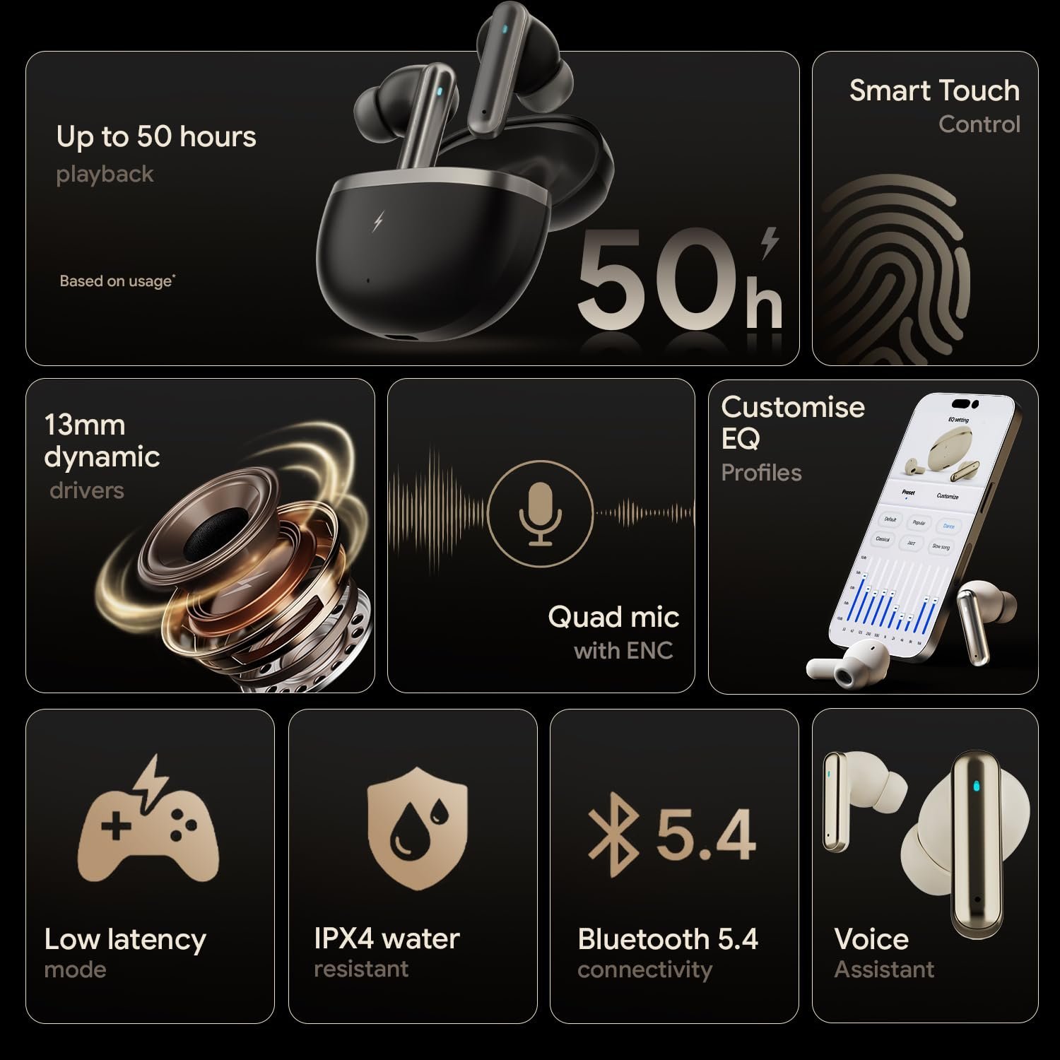 Fire-Boltt Newly Launched Aero Luxe TWS Earbuds with Custom EQ, Bluetooth 5.4 Wireless Earphones, 50H Playtime, Fast Charging Case, 50ms Low-Latency Gaming & Touch Controls Midnight Black - Image 16