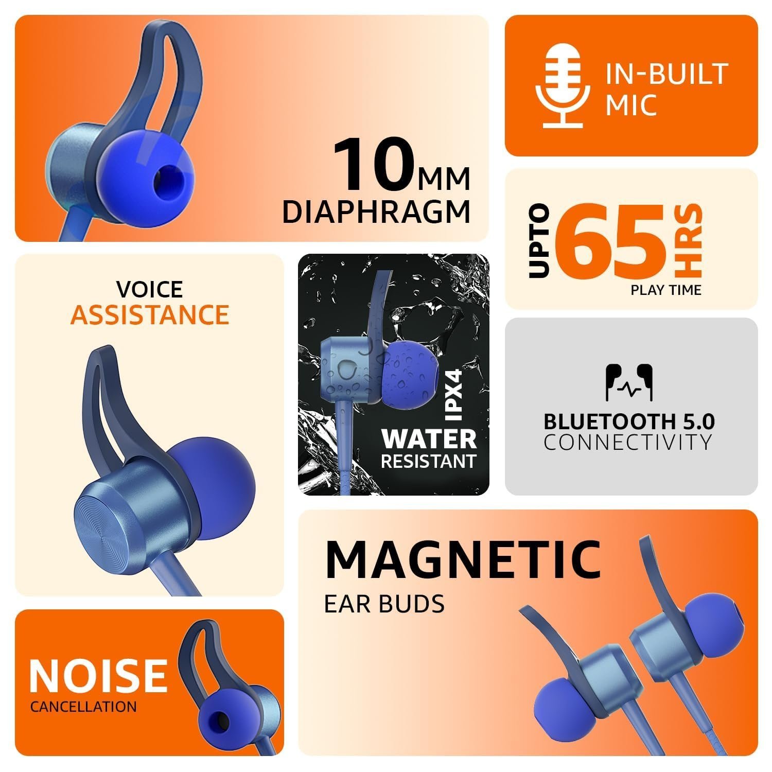 amazon basics in-Ear Wireless Neckband with Mic, Up to 65 Hours Play Time, 800 mAh Battery, Bluetooth 5.0, Voice Assistance, Noise Cancellation, IPX4 Water-Resistance, Magnetic Earbuds (Blue) - Image 11