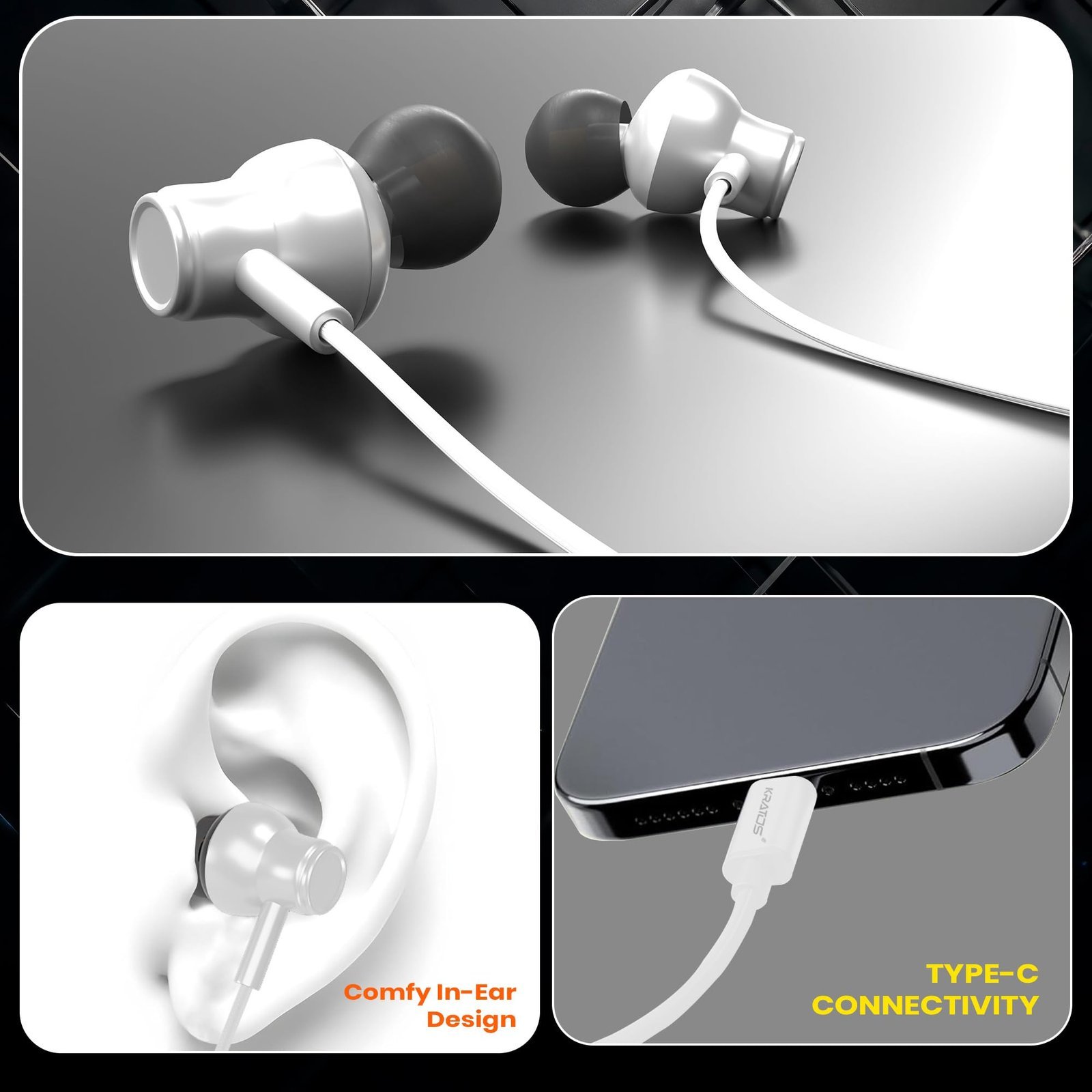Kratos Tune V6 C Type Earphones Wired, 13mm Bass Drivers Earphone, Inline Control Type c Headphones with Mic, Comfort Fit Type c Earphone with Volume Control,Metallic C pin Earphones (White) - Image 2
